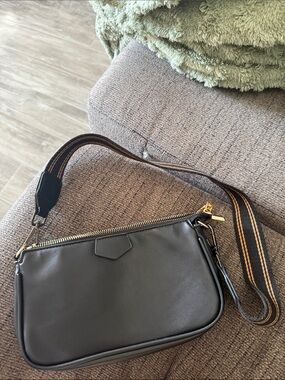 Classic Black Leather Crossbody with Striped Webbing Strap